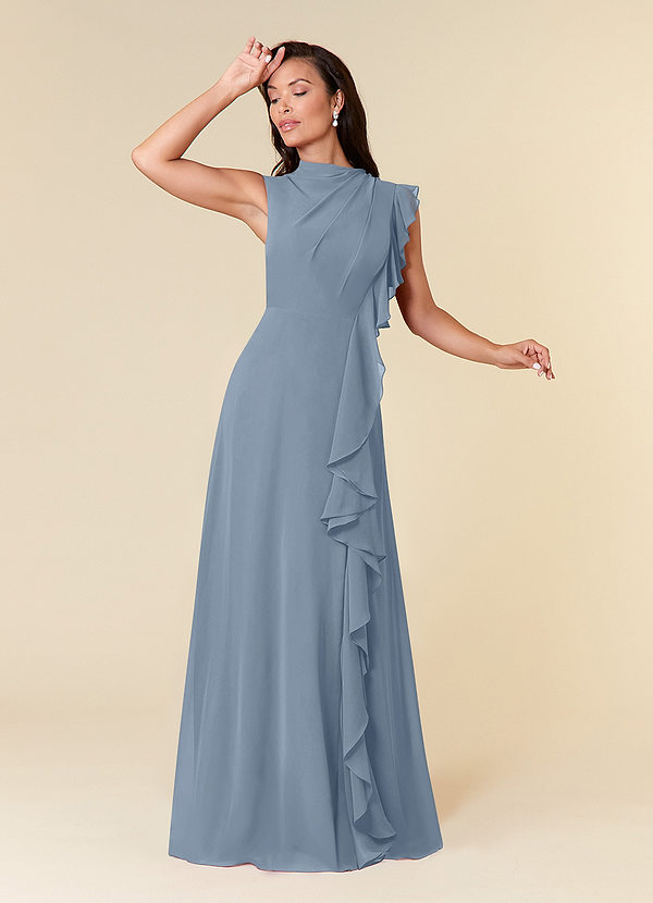 Azazie Narine Mother of the Bride Dresses Dusty Blue A-Line High Neckline Pleated Chiffon Dress image1