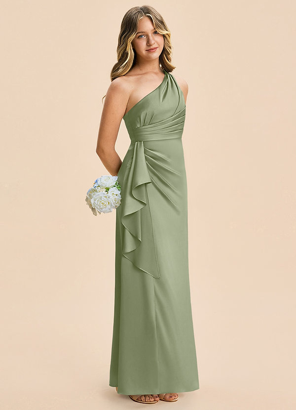 Azazie Kayden Junior Pistachio Sheath Ruched Stretch Satin Dress image1