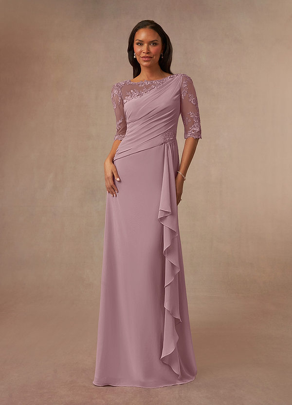 Azazie Dionysus Abiti da Mamma Sposa Abito A-Line in Chiffon in Pizzo con Scollo a Barca Rosa Polverosa image1