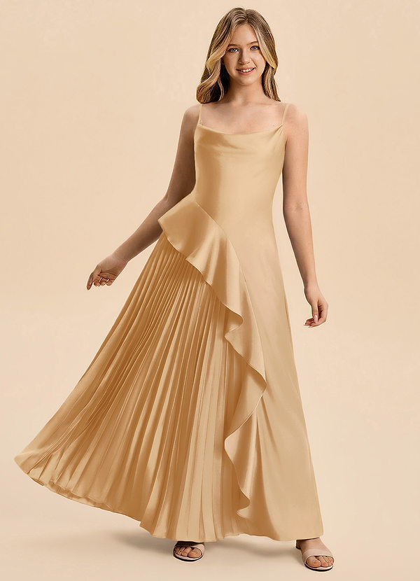 Azazie Lala Junior Vestido de Oro de Satén Elástico de Corte en A con Volante image1