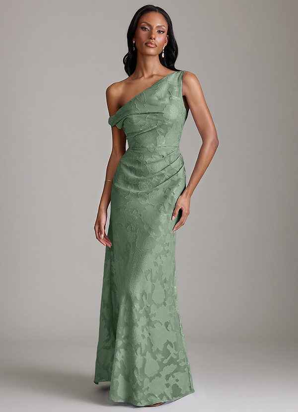 Azazie Emerson Bridesmaid Dresses Vestido Matchá de Esgotamento Floral de sereia com Fora do ombro image1