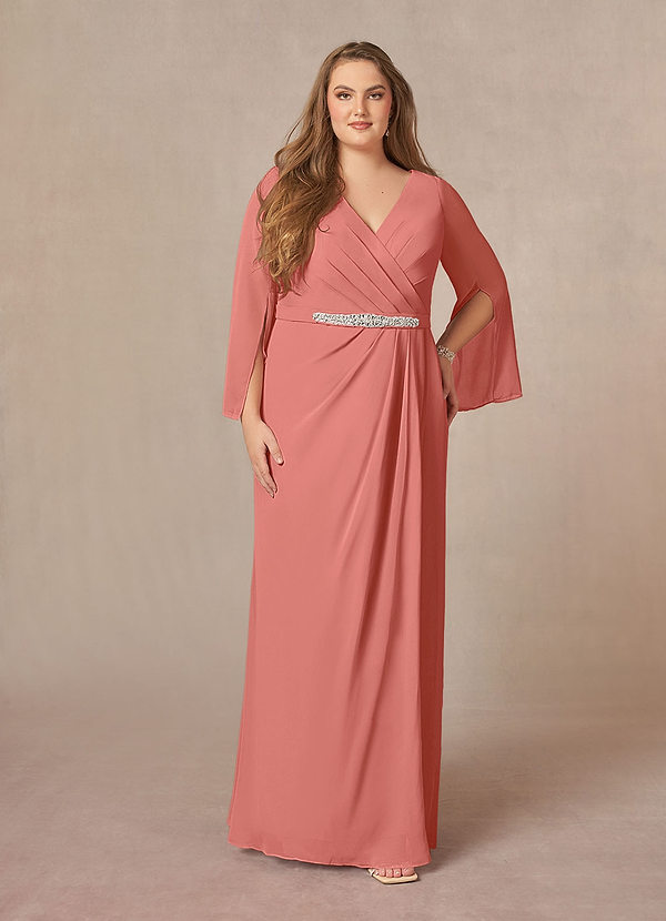 Azazie Belinda Brautmutterkleider A-Linie V-Hals Gefaltet Chiffon Kleid Lachsrosa image1