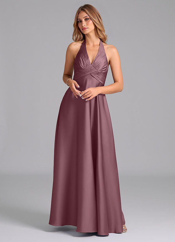 Azazie Tessie Bridesmaid Dresses Amethyst A-Line Pleated Stretch Satin Dress image1