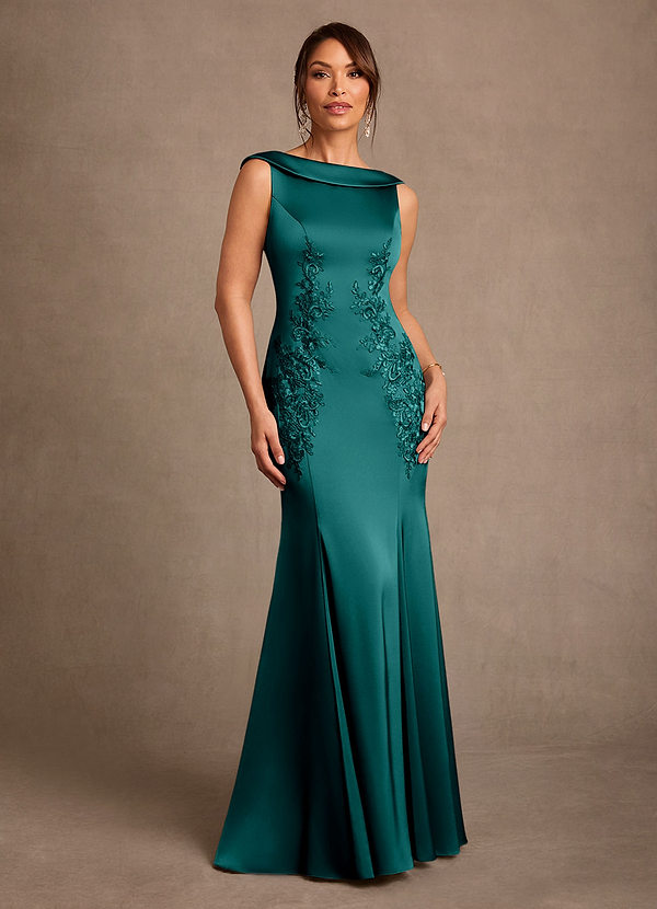 Azazie Franny Mother of the Bride Dresses Vestido Pavão de Cetim elástico de Bainha com Renda image1