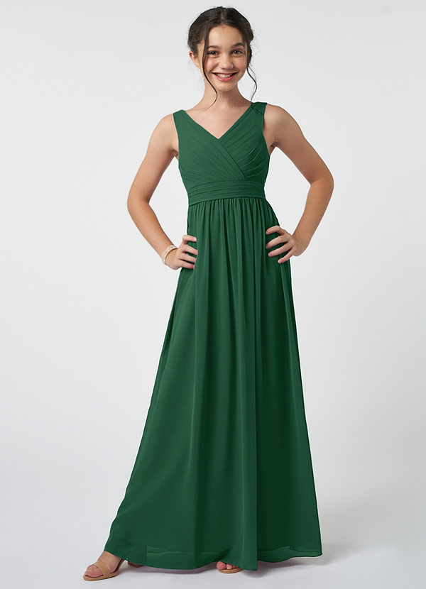 Azazie Kora Dark Green A-Line Pleated Chiffon Dress image1