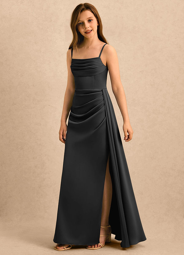 Azazie Shyla Girls Formal Sukienki dla dziewczynek sypiących kwiaty Osłona Pofałdowany Satyna elastyczna Długość podłogi Sukienka image1