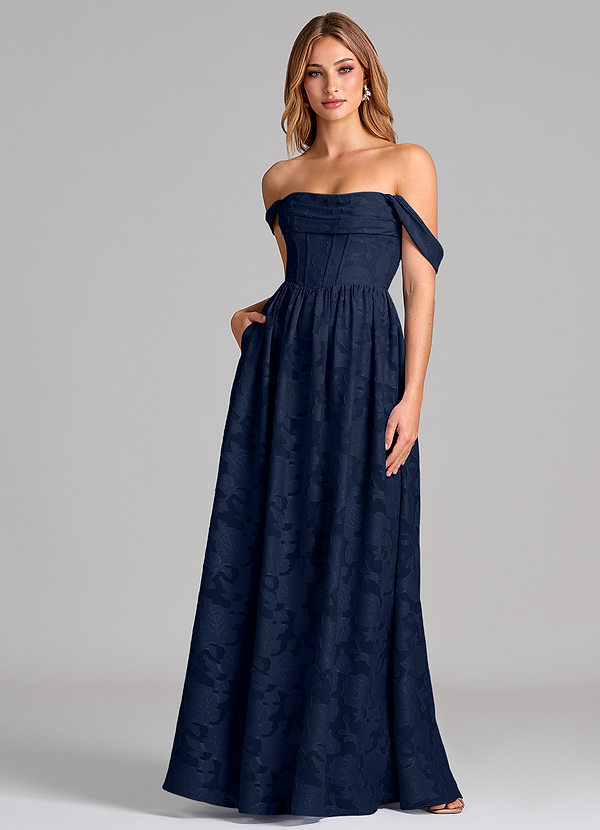 Azazie Hattie Brudtärneklänningar Klä av A-Linje i Blommig Utbrändhet Korsett Mörk Marinblå image1