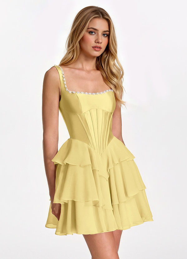 Vivianetta Giallo Chiaro Abito lungo in chiffon e raso elasticizzato con corsetto impreziosito da perline e strass, volant e corpetto in strass. image1