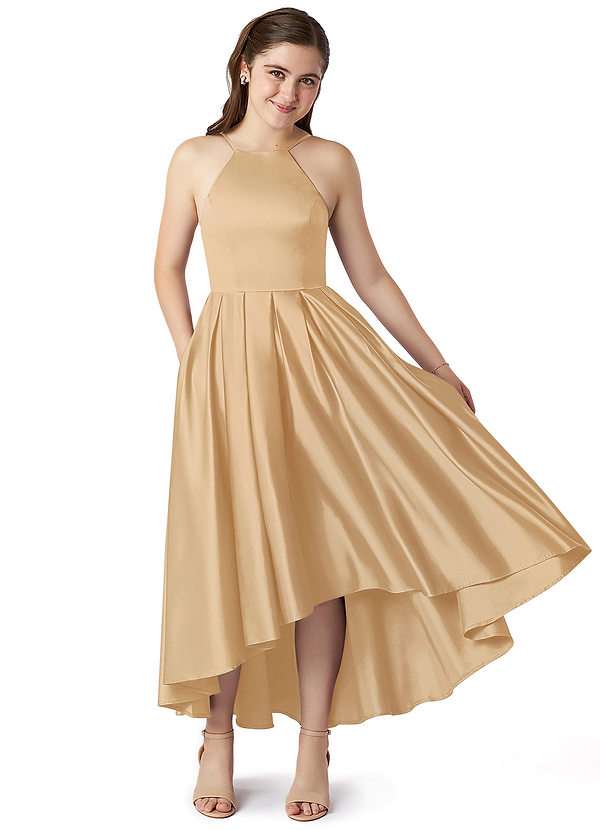 Azazie Jemima Junior Gold A-Line with Pockets Stretch Satin Dress image1