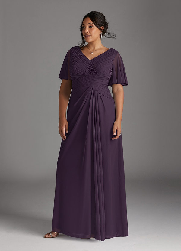 Azazie Emmeline Mother of the Brides Dresses Plum A-Line V-Neck Pleated Mesh Dress image1