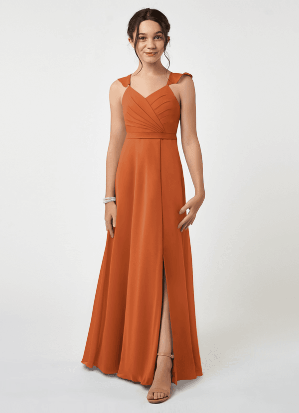 Azazie Emily Junior Cinnamon A-Line Ruched Chiffon Dress image1