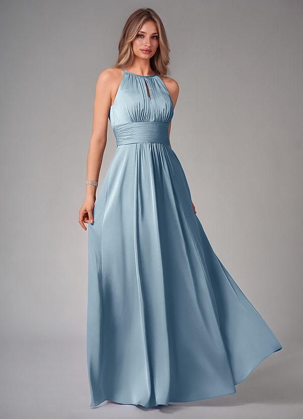 Azazie Bonnie Bridesmaid Dresses Dusty Blue A-Line Pleated Stretch Satin Dress image1
