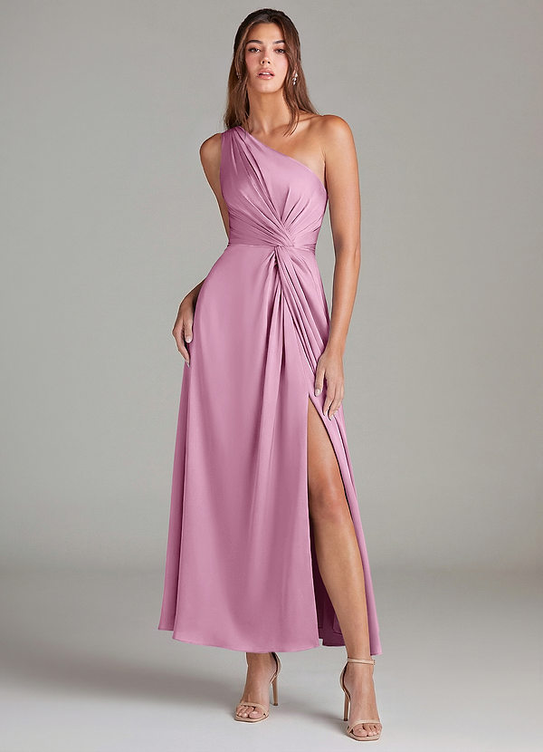 Azazie Brooke Robes Demoiselle d'honneur Robe Trapèze en Satin extensible Une épaule Rose Bonbon image1