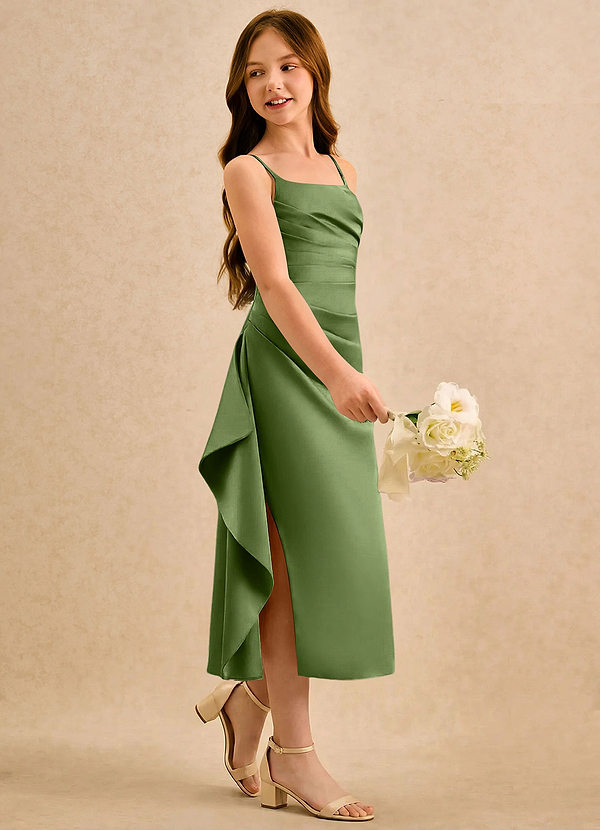 Azazie Canna Girls Formal Sukienki dla dziewczynek sypiących kwiaty Linia A Pofałdowany Satyna elastyczna Długość herbaty Sukienka image1