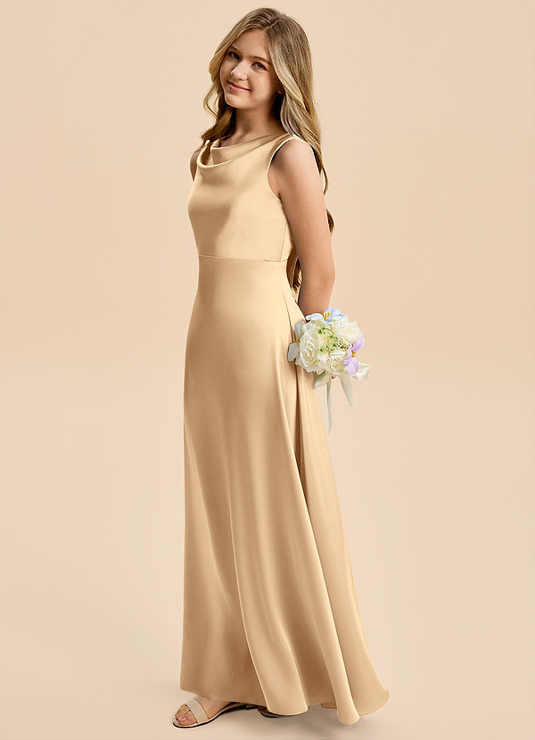 Azazie Kiki Junior Robe Trapèze en Satin extensible Arc Champagne image1
