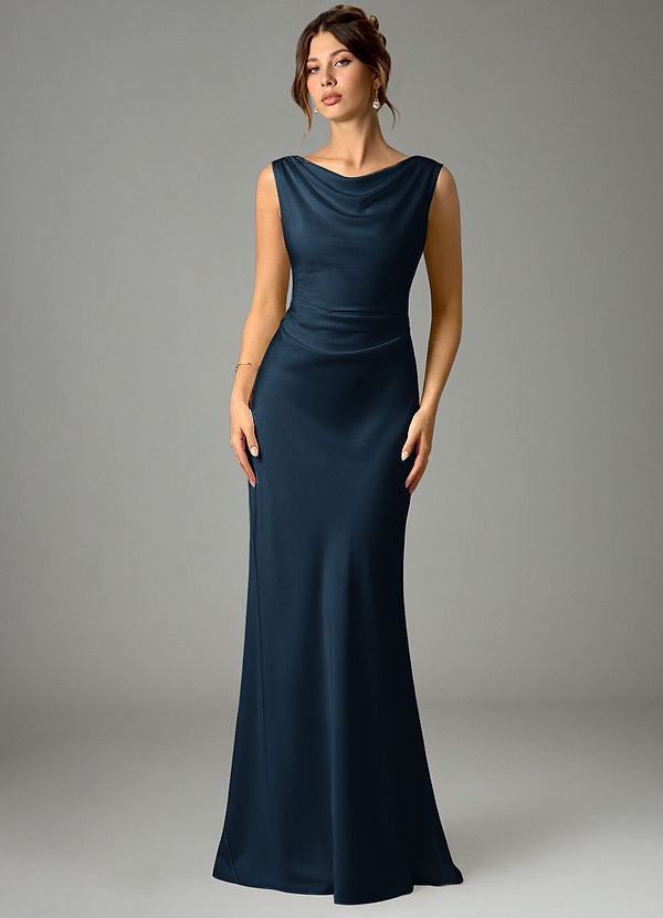 Azazie Kieryn Bridesmaid Dresses Dark Navy Mermaid Pleated Stretch Satin Dress image1
