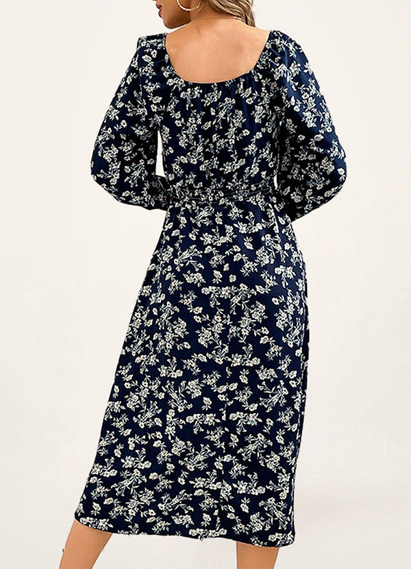 back Hollywood Navy Blue Floral Print Long Sleeve Midi Dress