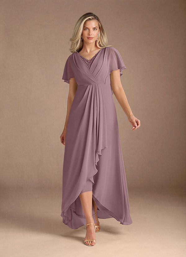 Azazie Eliza Morsiamen äidin mekot A-linja V-kaula laskostettu Sifonki Epäsymmetrinen Pukeutua image1