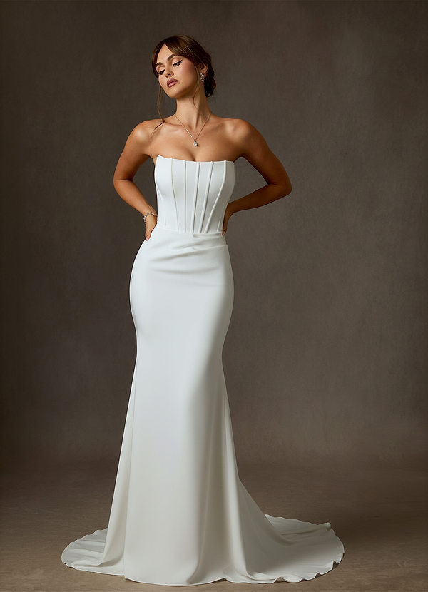 Azazie Grace Wedding Dresses Diamond White Mermaid Off the Shoulder Crepe Back Satin Dress image1