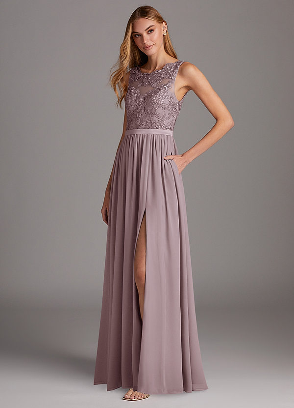 Azazie Elly Abiti da Damigella Abito A-Line in Chiffon Scollo a barchetta in pizzo Dusk image1
