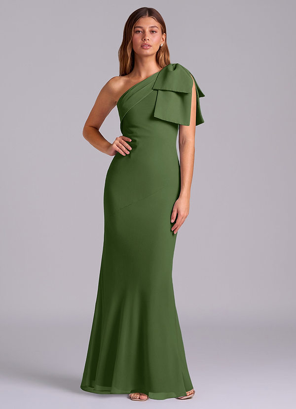 Azazie Yuanna 신부 들러리 드레스 인어 한쪽 어깨 쉬폰 바닥 길이 드레스 image1