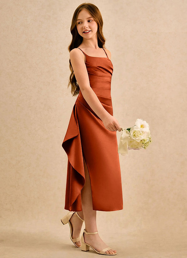 Azazie Canna Girls Formal Sukienki dla dziewczynek sypiących kwiaty Linia A Pofałdowany Satyna elastyczna Długość herbaty Sukienka image1