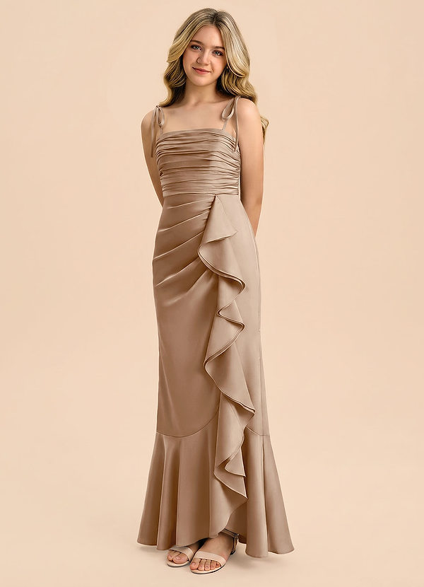 Azazie Ryan Junior Taupe Sheath Bow Stretch Satin Dress image1