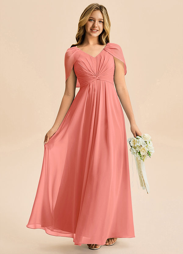 Azazie Emma Junior Robe Trapèze en Mousseline de soie Plissée Rose Saumon image1