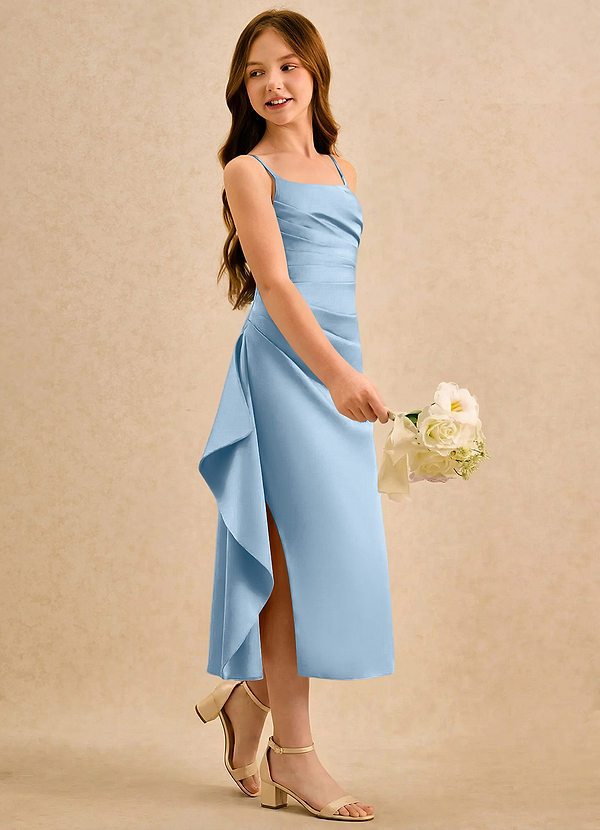 Azazie Canna Girls Formal Flower Girl Dresses Powder Blue A-Line Pleated Stretch Satin Dress image1