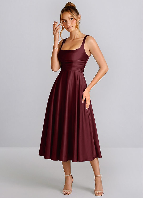 Ines Wine Square Neck Satin Lace-Up A-Line Midi Dress image1