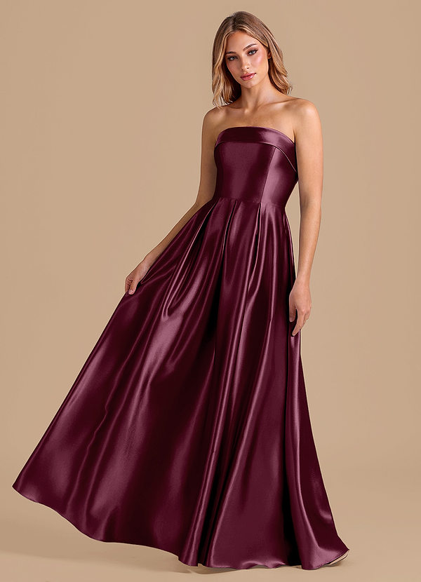 Azazie Lucienne 신부 들러리 드레스 A라인 주름진 메탈릭 새틴 바닥 길이 드레스 image1