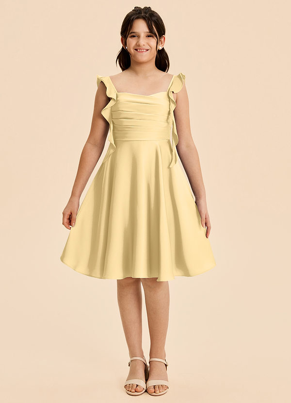 Azazie Kira Junior Butter A-Line Ruched Stretch Satin Dress image1