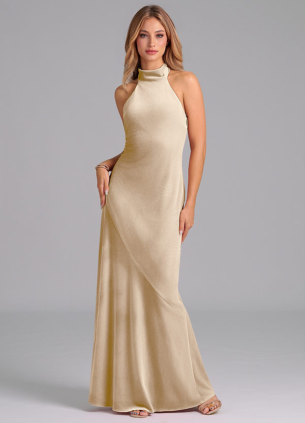 Azazie Velli Robes Demoiselle d'honneur Robe Sirène en velours Col Haut Champagne image1