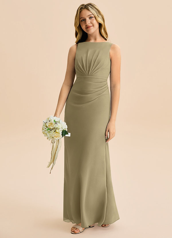 Azazie Floris Junior Robe Trapèze en Mousseline de soie Plissée Vert Mousse image1