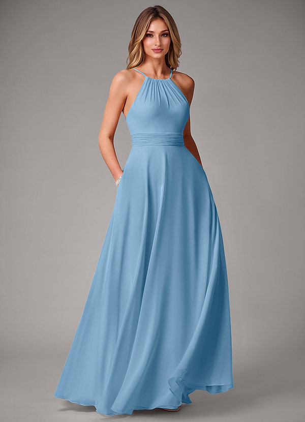 Azazie Amalia Abiti da Damigella Abito A-Line in Chiffon Plissettato Blu Acciaio image1