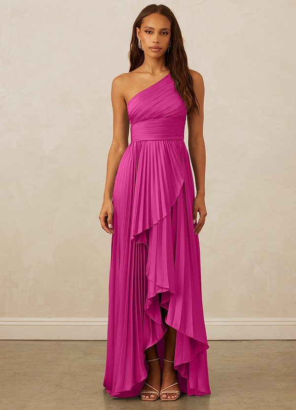 Christian Siriano Bridal for Azazie 1008 Robes Demoiselle d'honneur Robe Trapèze en Satin extensible Ue épaule Fuchsia image1