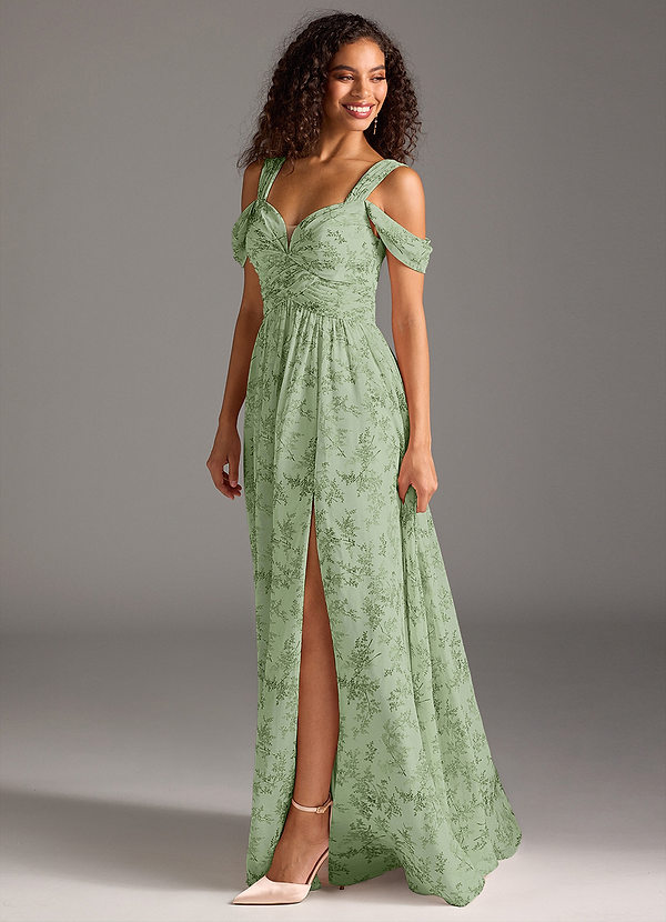 Azazie Lianne Bridesmaid Dresses Green Fern Floral A-Line Off the Shoulder Chiffon Dress image1