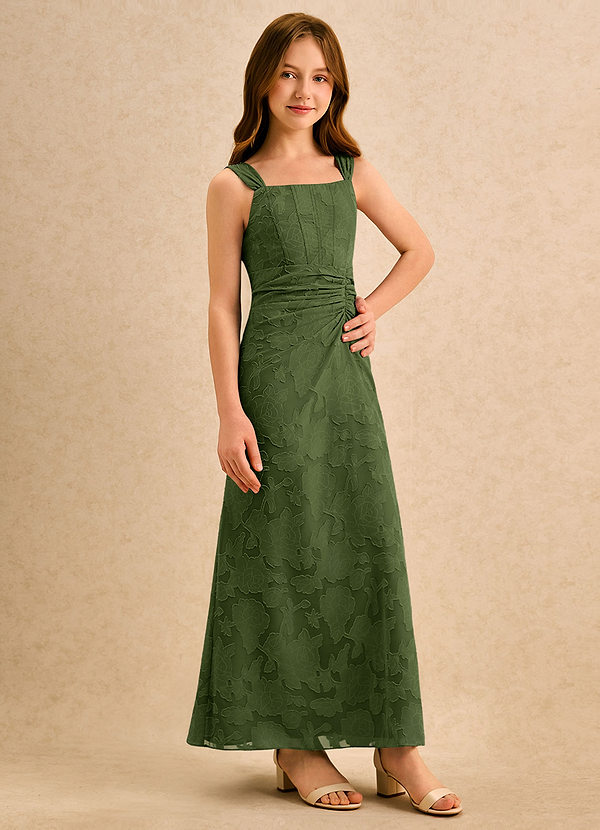 Azazie Brookie Girls Formal Vestidos de Niña de Flores Vestido de Oliva de Devorado Floral de Corte en A con Sin mangas image1