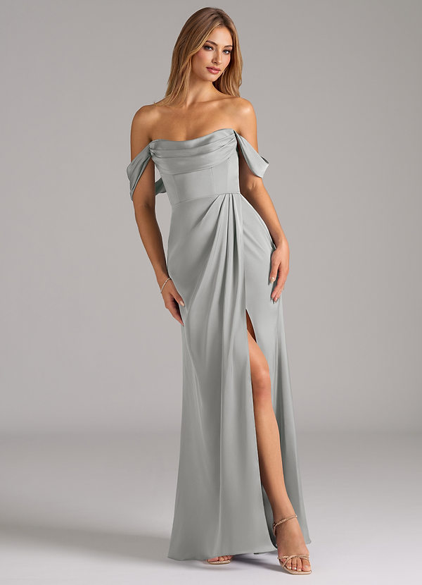 Azazie Johana Bridesmaid Dresses Silver Mermaid Off the Shoulder Stretch Satin Convertible Dress image1