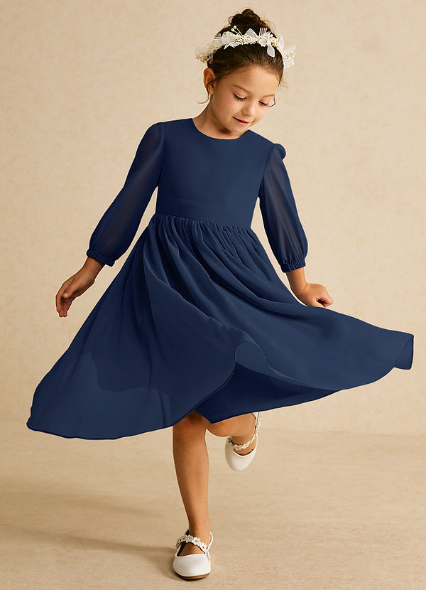 Azazie Lolo Flower Girl Dresses Dark Navy A-Line with Sleeves Chiffon Dress image1