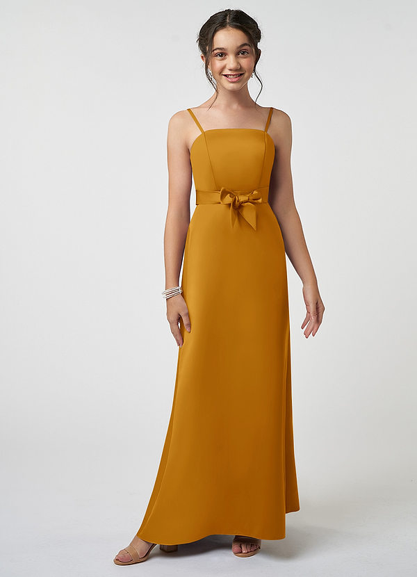 Azazie Anina Junior Robe Trapèze en Satin extensible Arc Caramel écossais image1