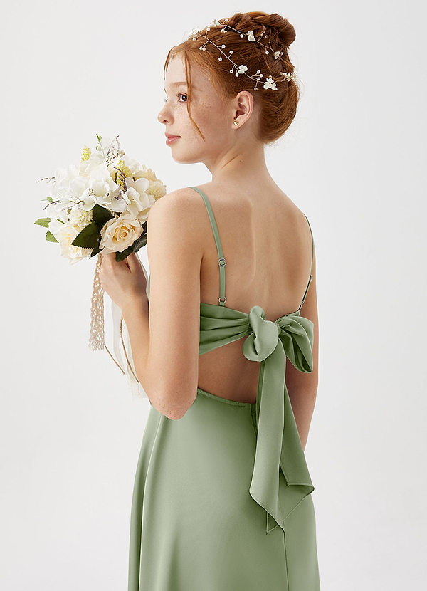 Azazie Shale Junior Dusty Sage A-Line Stretch Satin Dress image1