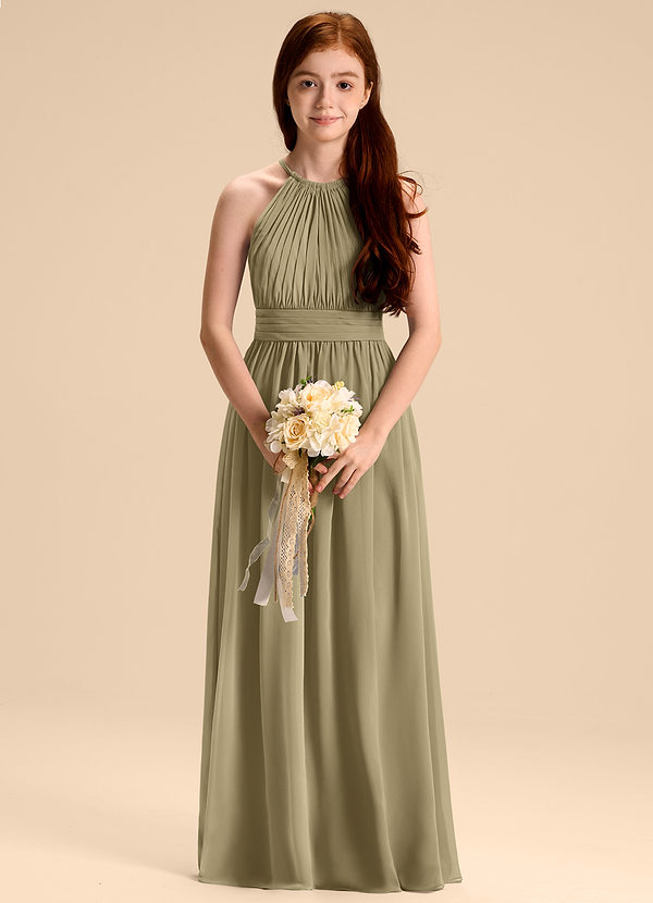 Azazie Malone Junior Abito A-Line in Chiffon Plissettato Verde Muschio image1