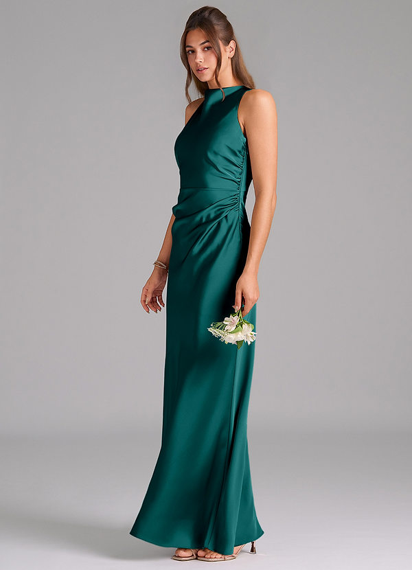 Azazie Evadne Bridesmaid Dresses Peacock A-Line Pleated Stretch Satin Dress image1