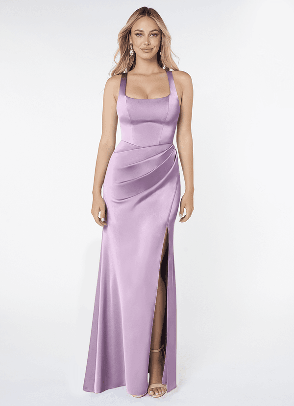 Azazie Mero Bridesmaid Dresses Frosted Lilac Sheath Pleated Stretch Satin Dress image1