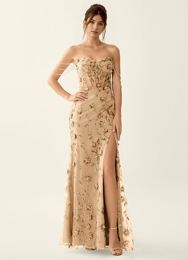 Cosette Champagne Robe de bal sirène à corset à fleurs 3D, laçage au dos et perles image1