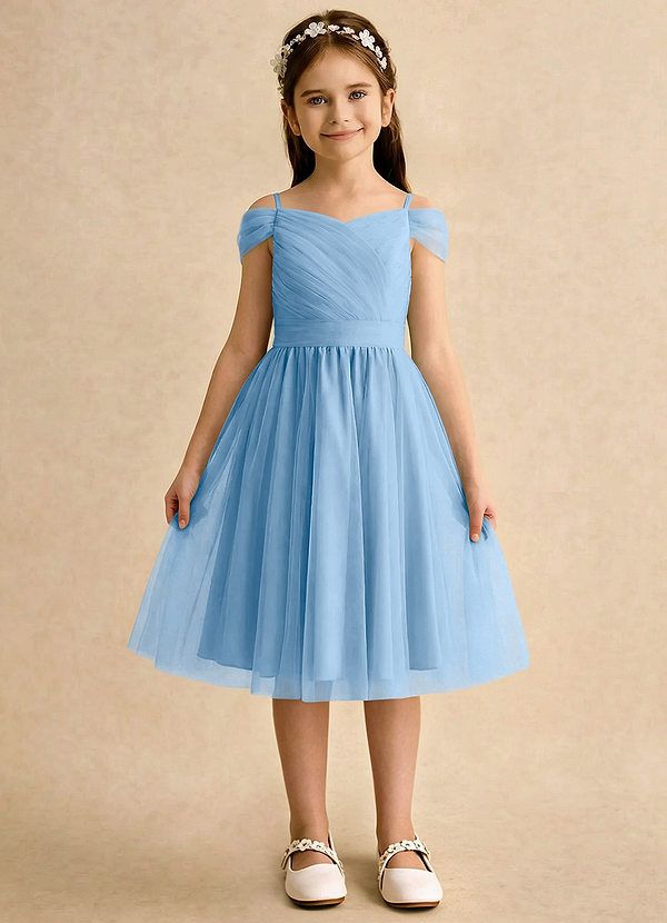 Azazie Lila Girls Formal Robes de cortège enfant Robe Trapèze en Tulle Épaules dénudées Poudre Bleue image1