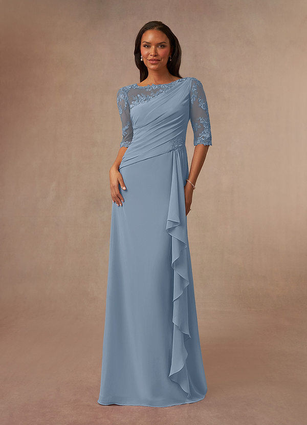 Azazie Dionysus Vestidos de Madre de la Novia Vestido de Azul Polvoriento de Gasa de Corte en A con Encaje cuello barco image1