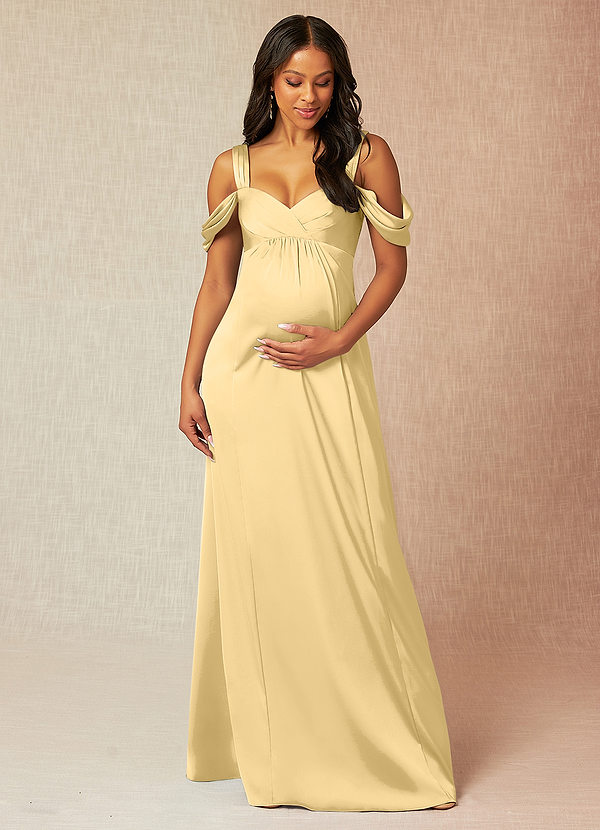 Azazie Rhea Vestidos de dama de honor de maternidad Vestido de Corte en A Off The Shoulder Plisado Hasta el suelo Satén Elástico image1