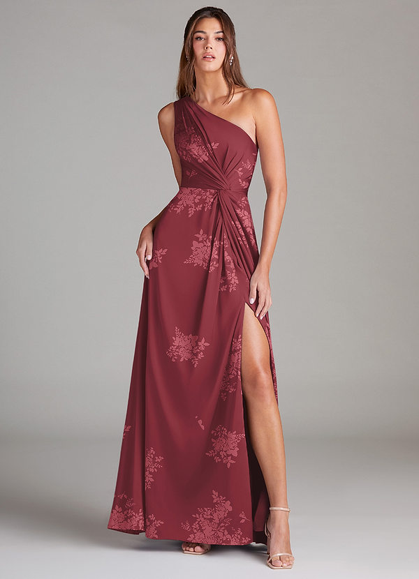 Azazie Brooke Vestidos Dama de Honor Vestido de Ramo De Flores Burdeos de Satén Elástico de Corte en A con Hombro unilateral image1